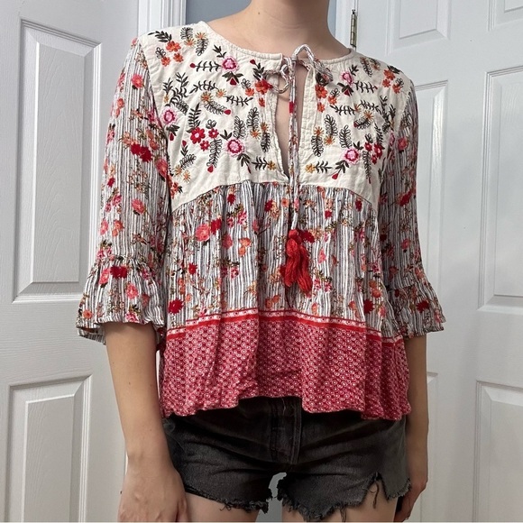 Raga Anthropologie Blouse Floral Boho Tassels Flowy Hippie Oversized Size Medium - Picture 8 of 8